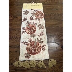 SECRET CELEBRITY TABLE RUNNER PUMPKINS LEAVES ORANGE Embroidered 14 X 72 NWT